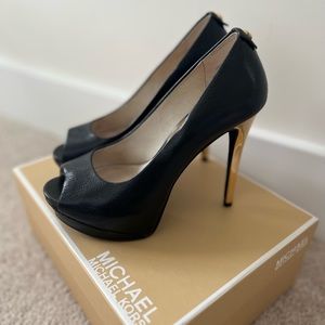 Michael Kors black leather pumps with gold heel